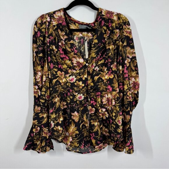 Anthropologie Button Front Peplum Hem Black Floral Ruffle Cuff Blouse Size Small - Picture 2 of 13